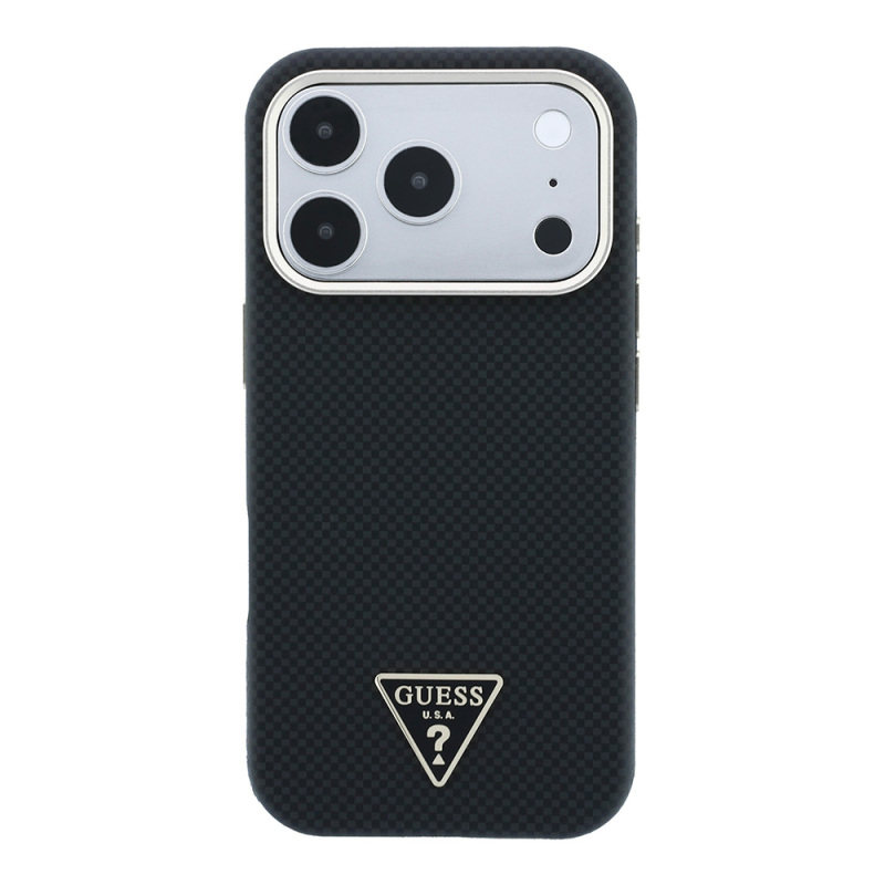 Apple iPhone 18 Pro Kılıf Guess Orjinal Lisanslı M-safe Şarj Özellikli PU Metal Üçgen Logolu Karbon Fiber Kevlar Kapak - 19