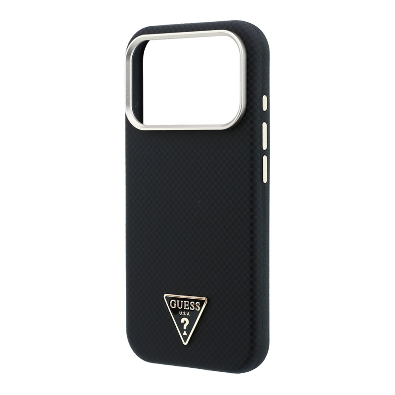 Apple iPhone 18 Pro Kılıf Guess Orjinal Lisanslı M-safe Şarj Özellikli PU Metal Üçgen Logolu Karbon Fiber Kevlar Kapak - 22