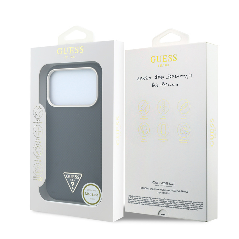 Apple iPhone 18 Pro Kılıf Guess Orjinal Lisanslı M-safe Şarj Özellikli PU Metal Üçgen Logolu Karbon Fiber Kevlar Kapak - 24