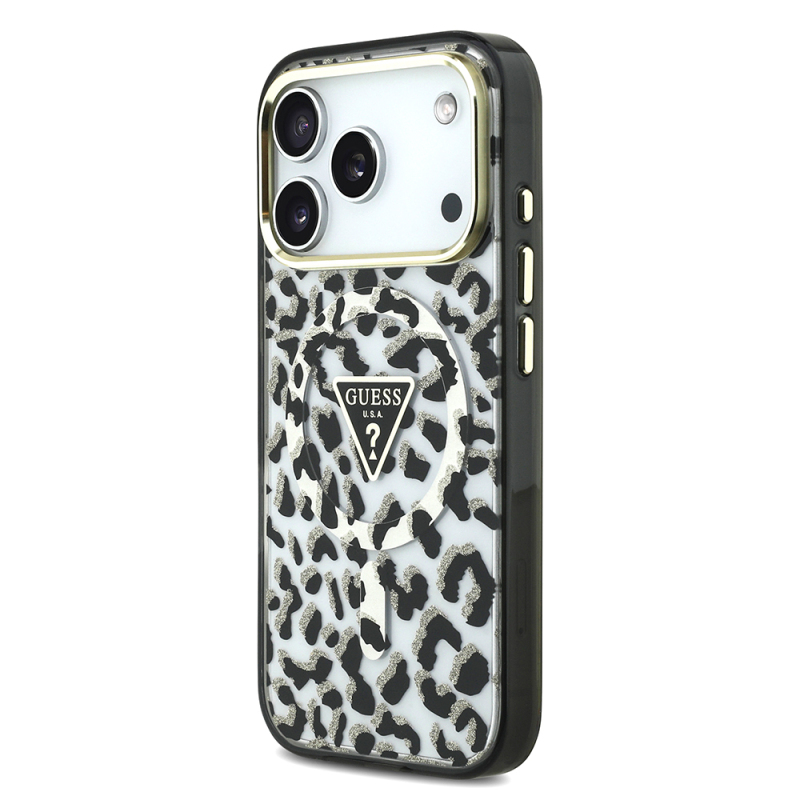 Apple iPhone 18 Pro Kılıf Guess Orjinal Lisanslı M-safe Şarj Özellikli Üçgen Logolu Simli Leopar Desenli Kapak - 5