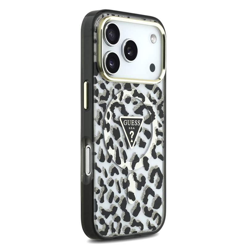 Apple iPhone 18 Pro Kılıf Guess Orjinal Lisanslı M-safe Şarj Özellikli Üçgen Logolu Simli Leopar Desenli Kapak - 7
