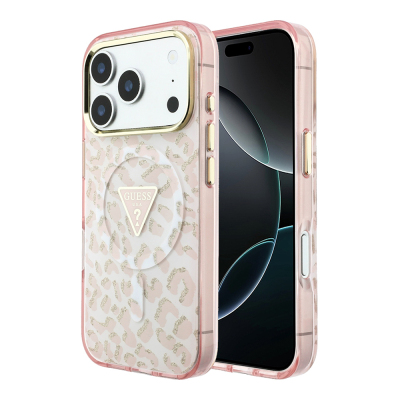 Apple iPhone 18 Pro Kılıf Guess Orjinal Lisanslı M-safe Şarj Özellikli Üçgen Logolu Simli Leopar Desenli Kapak - 2