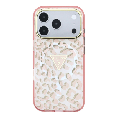 Apple iPhone 18 Pro Kılıf Guess Orjinal Lisanslı M-safe Şarj Özellikli Üçgen Logolu Simli Leopar Desenli Kapak - 13