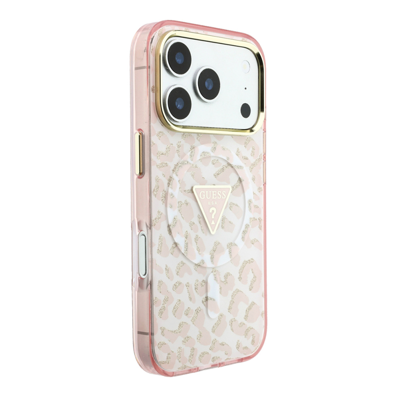 Apple iPhone 18 Pro Kılıf Guess Orjinal Lisanslı M-safe Şarj Özellikli Üçgen Logolu Simli Leopar Desenli Kapak - 14