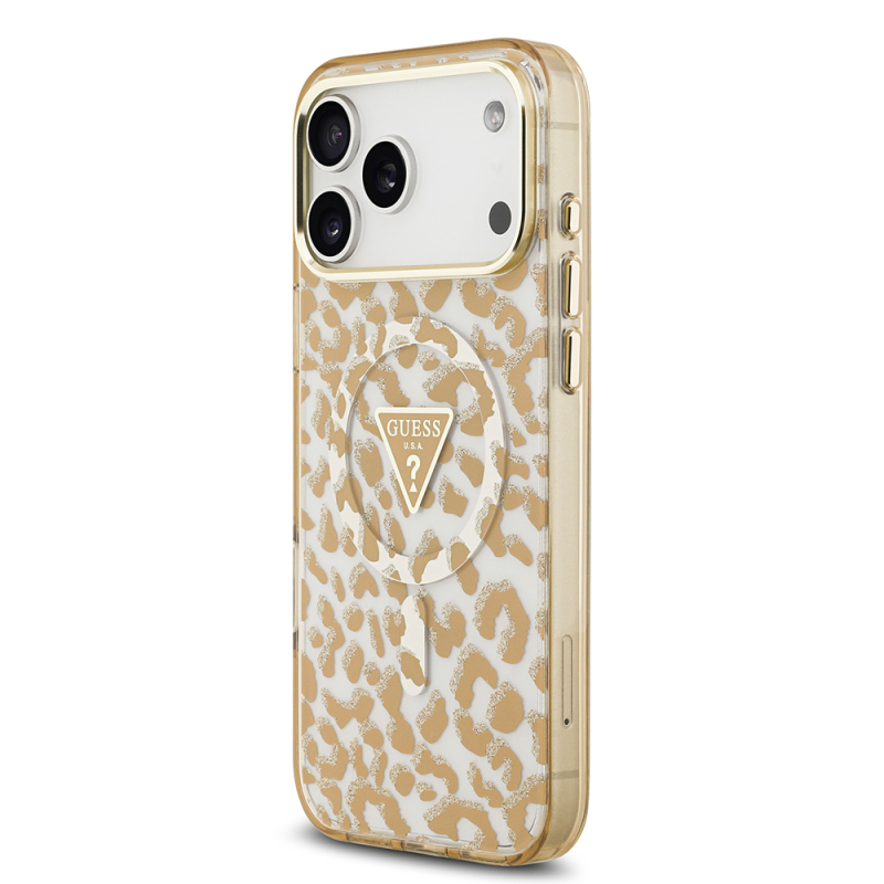 Apple iPhone 18 Pro Kılıf Guess Orjinal Lisanslı M-safe Şarj Özellikli Üçgen Logolu Simli Leopar Desenli Kapak - 19