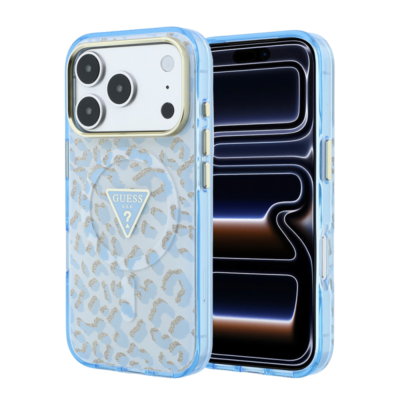 Apple iPhone 18 Pro Kılıf Guess Orjinal Lisanslı M-safe Şarj Özellikli Üçgen Logolu Simli Leopar Desenli Kapak - 4