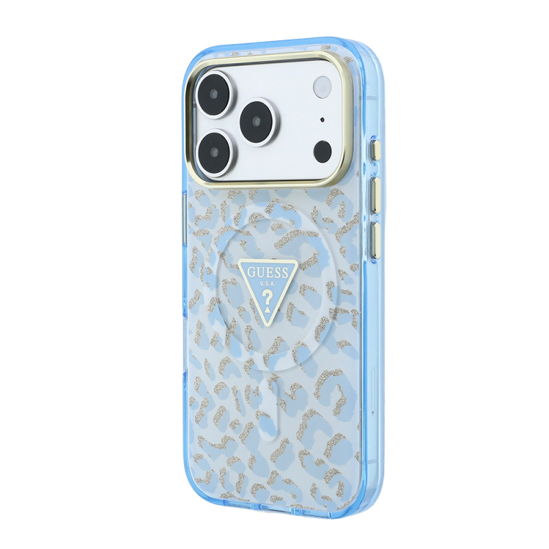 Apple iPhone 18 Pro Kılıf Guess Orjinal Lisanslı M-safe Şarj Özellikli Üçgen Logolu Simli Leopar Desenli Kapak - 26