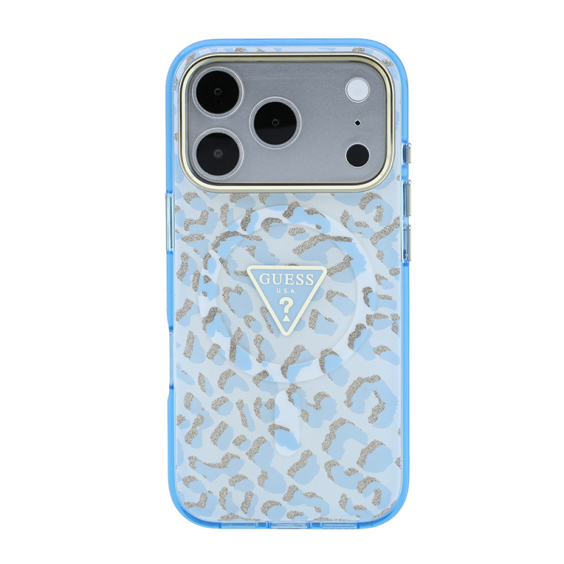 Apple iPhone 18 Pro Kılıf Guess Orjinal Lisanslı M-safe Şarj Özellikli Üçgen Logolu Simli Leopar Desenli Kapak - 27