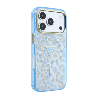 Apple iPhone 18 Pro Kılıf Guess Orjinal Lisanslı M-safe Şarj Özellikli Üçgen Logolu Simli Leopar Desenli Kapak - 28
