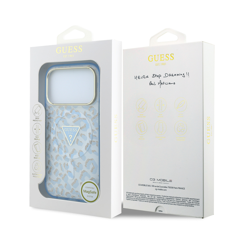 Apple iPhone 18 Pro Kılıf Guess Orjinal Lisanslı M-safe Şarj Özellikli Üçgen Logolu Simli Leopar Desenli Kapak - 32