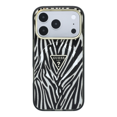 Apple iPhone 18 Pro Kılıf Guess Orjinal Lisanslı M-safe Şarj Özellikli Üçgen Logolu Zebra Desenli Silikon Kapak - 11