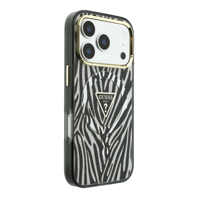Apple iPhone 18 Pro Kılıf Guess Orjinal Lisanslı M-safe Şarj Özellikli Üçgen Logolu Zebra Desenli Silikon Kapak - 12