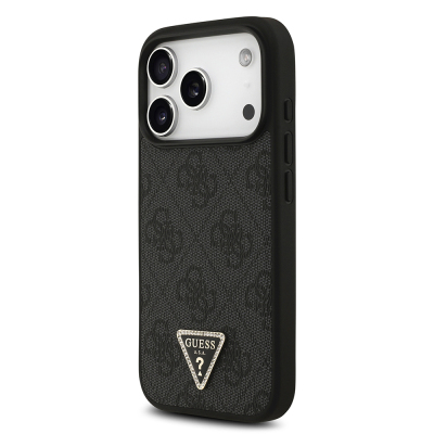 Apple iPhone 18 Pro Kılıf Guess Orjinal Lisanslı M-safe Şarj Özllikli PU Deri Taşlı Üçgen Logo 4G Desenli Strass Kapak - 4