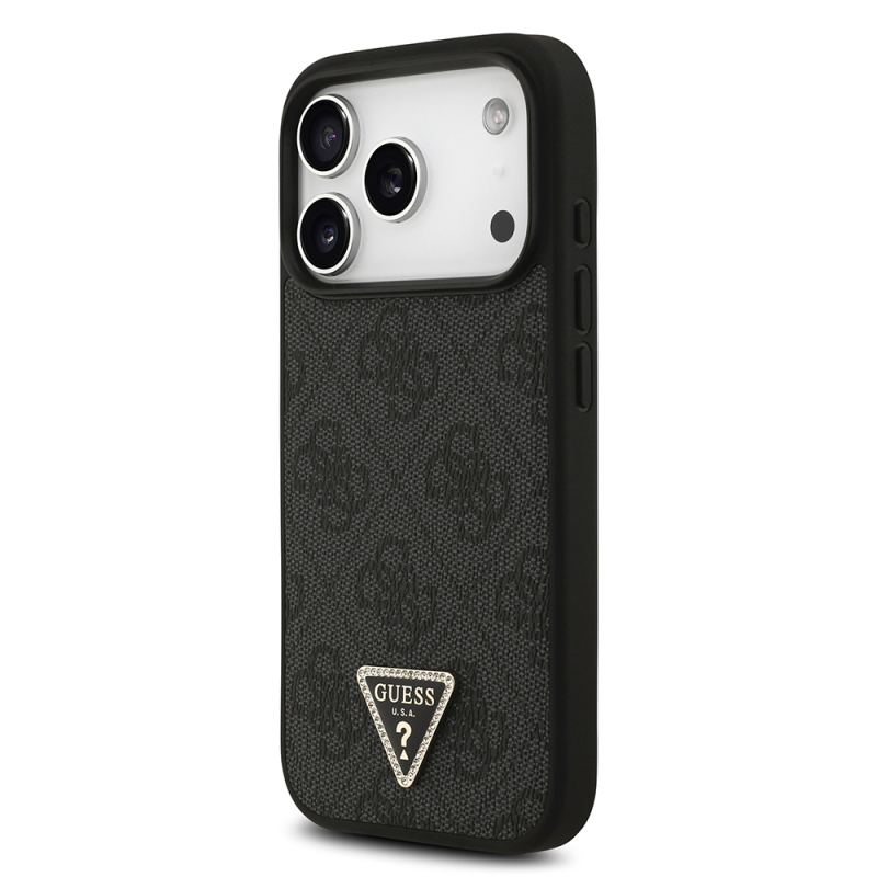 Apple iPhone 18 Pro Kılıf Guess Orjinal Lisanslı M-safe Şarj Özllikli PU Deri Taşlı Üçgen Logo 4G Desenli Strass Kapak - 4