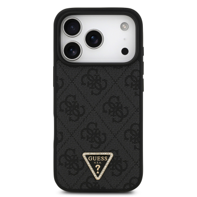 Apple iPhone 18 Pro Kılıf Guess Orjinal Lisanslı M-safe Şarj Özllikli PU Deri Taşlı Üçgen Logo 4G Desenli Strass Kapak - 5