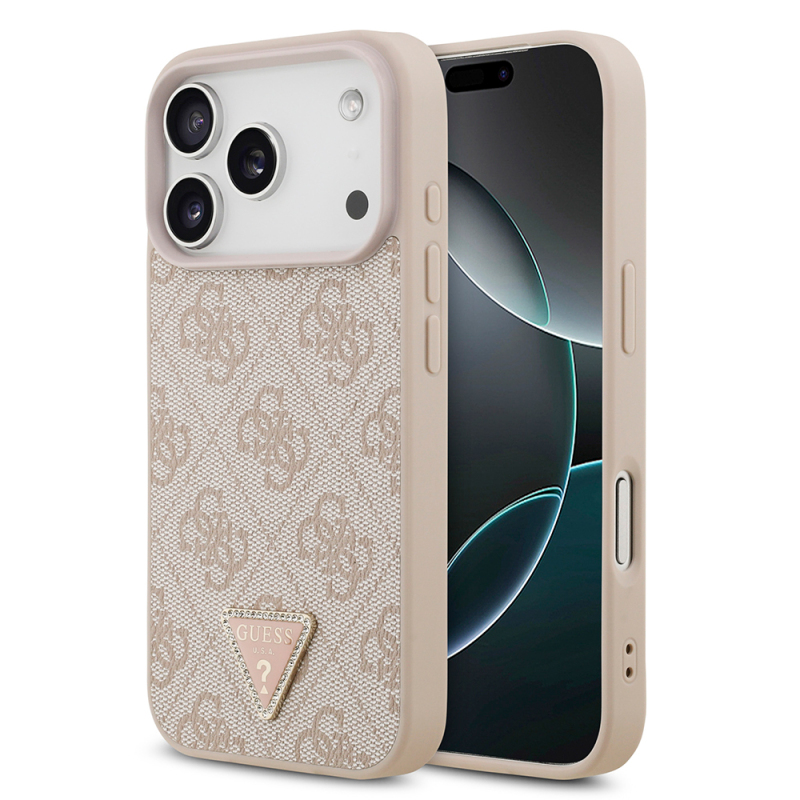 Apple iPhone 18 Pro Kılıf Guess Orjinal Lisanslı M-safe Şarj Özllikli PU Deri Taşlı Üçgen Logo 4G Desenli Strass Kapak - 3