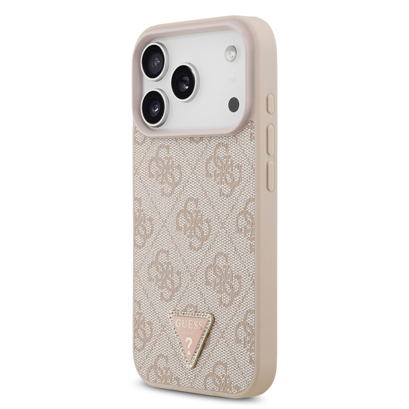 Apple iPhone 18 Pro Kılıf Guess Orjinal Lisanslı M-safe Şarj Özllikli PU Deri Taşlı Üçgen Logo 4G Desenli Strass Kapak - 18