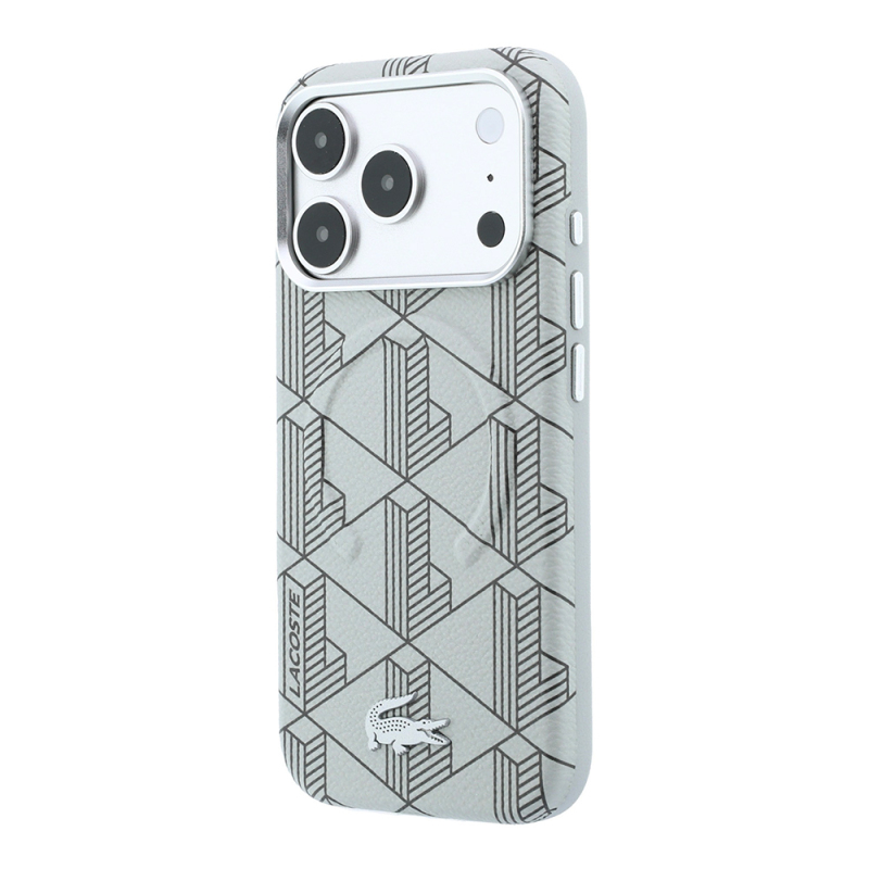 Apple iPhone 18 Pro Kılıf Lacoste Orjinal Lisanslı M-safe Şarj Özellikli Metal Logolu Deri Karışık Monogram Desenli Kapak - 12