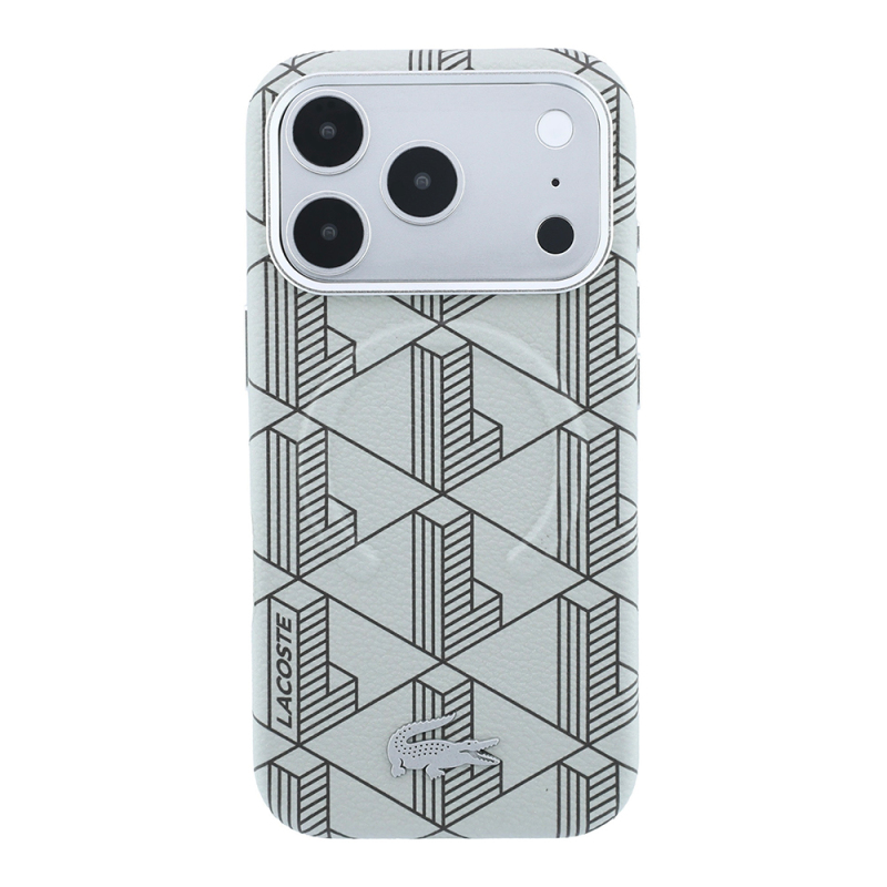 Apple iPhone 18 Pro Kılıf Lacoste Orjinal Lisanslı M-safe Şarj Özellikli Metal Logolu Deri Karışık Monogram Desenli Kapak - 13