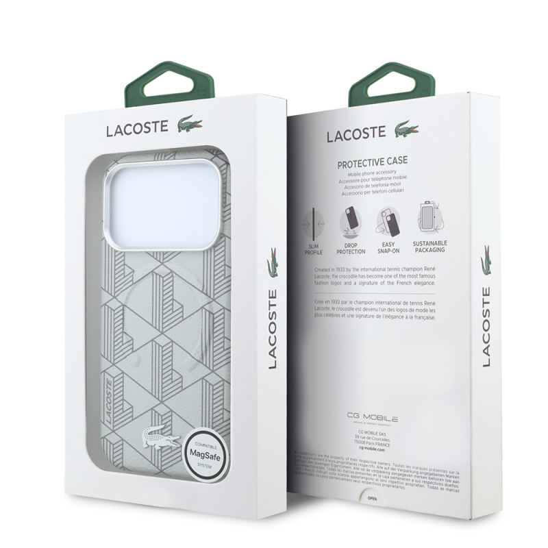 Apple iPhone 18 Pro Kılıf Lacoste Orjinal Lisanslı M-safe Şarj Özellikli Metal Logolu Deri Karışık Monogram Desenli Kapak - 18