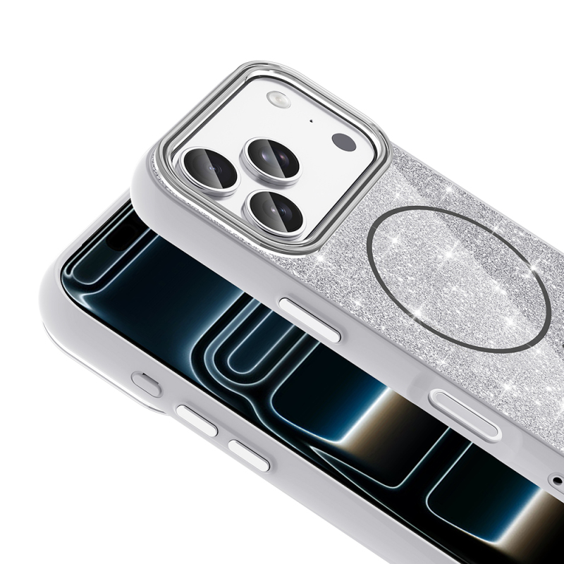 Apple iPhone 18 Pro Kılıf M-safe Şarj Özellikli Parlayan Simli Zore Okso Kapak - 14