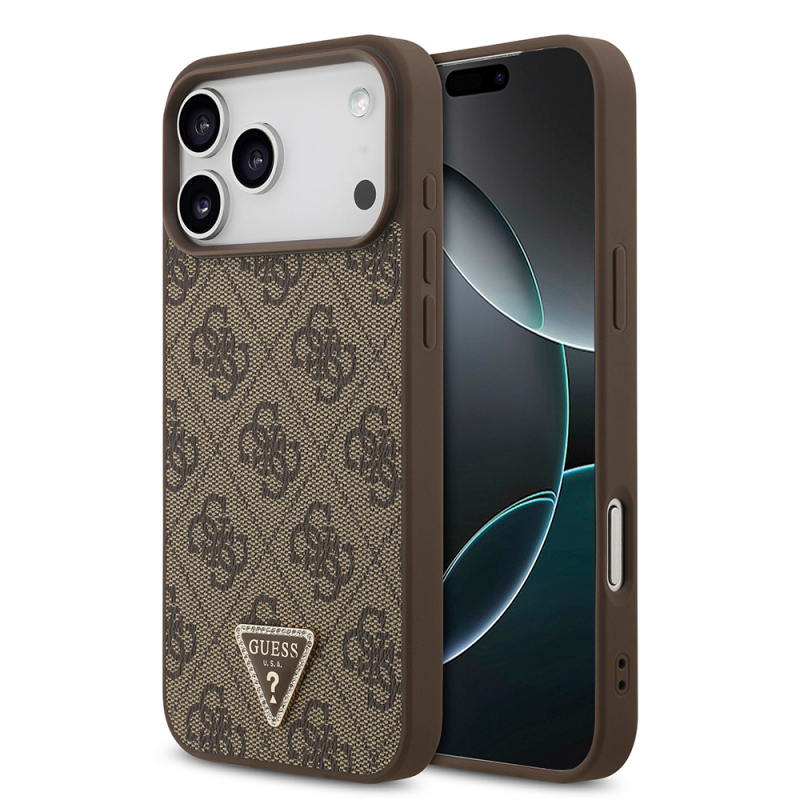 Apple iPhone 18 Pro Max Case – Guess Officially Licensed – MagSafe Compatible PU Leather – Rhinestone-Embellished Triangle Logo – 4G Pattern – Strass Cover - 1