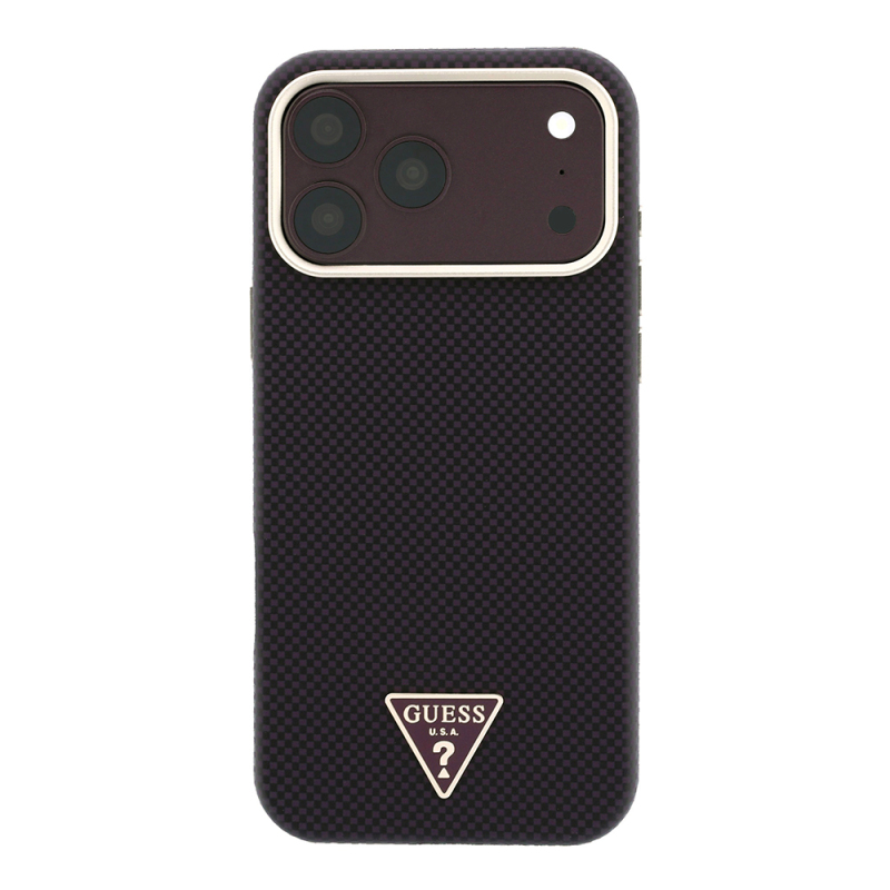 Apple iPhone 18 Pro Max Case Guess Original Licensed M-safe Charging Enabled PU Metal Triangle Logo Carbon Fiber Kevlar Cover - 3