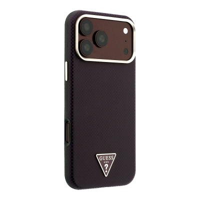Apple iPhone 18 Pro Max Case Guess Original Licensed M-safe Charging Enabled PU Metal Triangle Logo Carbon Fiber Kevlar Cover - 4