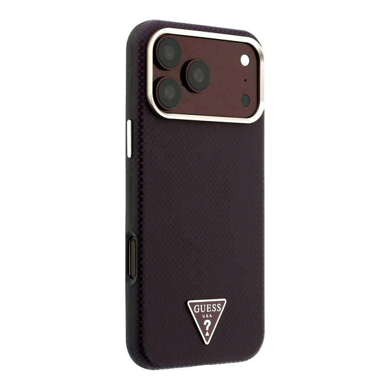 Apple iPhone 18 Pro Max Case Guess Original Licensed M-safe Charging Enabled PU Metal Triangle Logo Carbon Fiber Kevlar Cover - 4