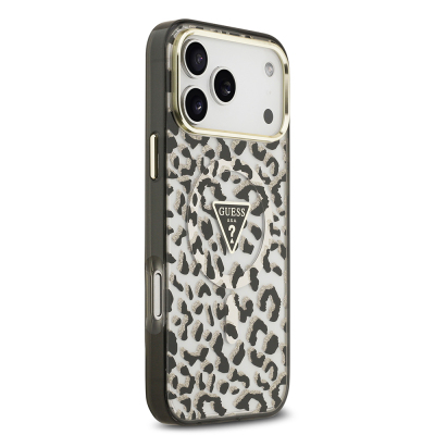 Apple iPhone 18 Pro Max Case Guess Original Licensed M-safe Charging Enabled Triangle Logo Glitter Leopard Pattern Cover - 7