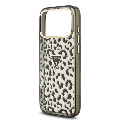 Apple iPhone 18 Pro Max Case Guess Original Licensed M-safe Charging Enabled Triangle Logo Glitter Leopard Pattern Cover - 9