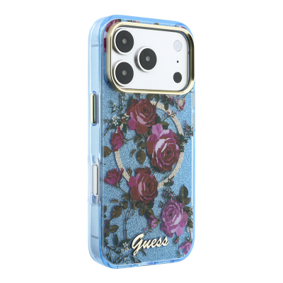 Apple iPhone 18 Pro Max Case Guess Original Licensed M-safe Charging Feature Rose Pattern Glittery Text and Logo Cover - 5