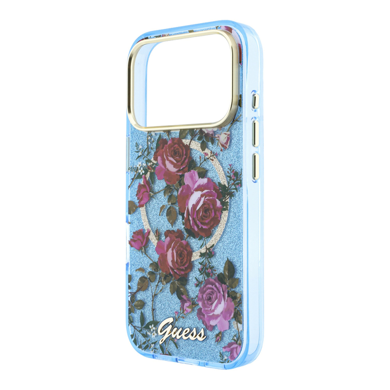 Apple iPhone 18 Pro Max Case Guess Original Licensed M-safe Charging Feature Rose Pattern Glittery Text and Logo Cover - 7