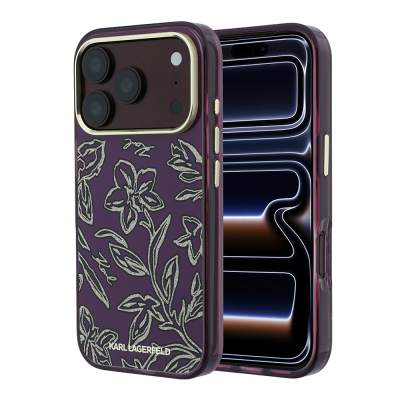 Apple iPhone 18 Pro Max Case Karl Lagerfeld Original Licensed M-safe Charging Enabled Gold Metal Camera Frame Floral Design Cover - 1