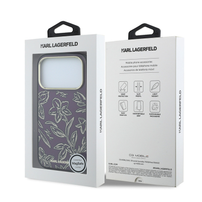 Apple iPhone 18 Pro Max Case Karl Lagerfeld Original Licensed M-safe Charging Enabled Gold Metal Camera Frame Floral Design Cover - 8