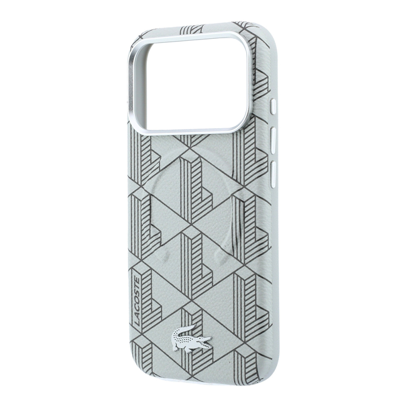 Apple iPhone 18 Pro Max Case Lacoste Original Licensed M-safe Charging Enabled Metal Logo Leather Cover Mixed Monogram Pattern - 9