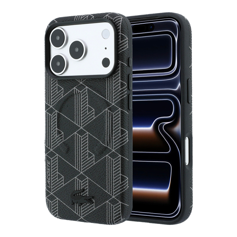 Apple iPhone 18 Pro Max Case Lacoste Original Licensed M-safe Charging Enabled Metal Logo Leather Cover Mixed Monogram Pattern - 3