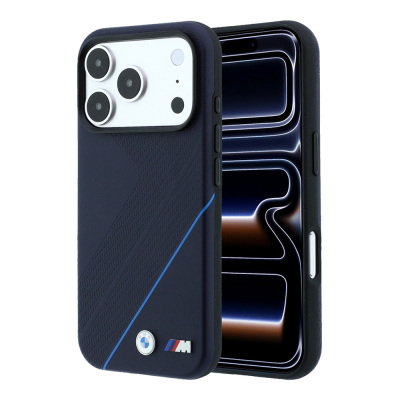 Apple iPhone 18 Pro Max Kılıf BMW Orjinal Lisanslı M-safe Şarj Özellikli M Logolu Lastik İzi Desenli Mavi Çizgili Kapak - 1