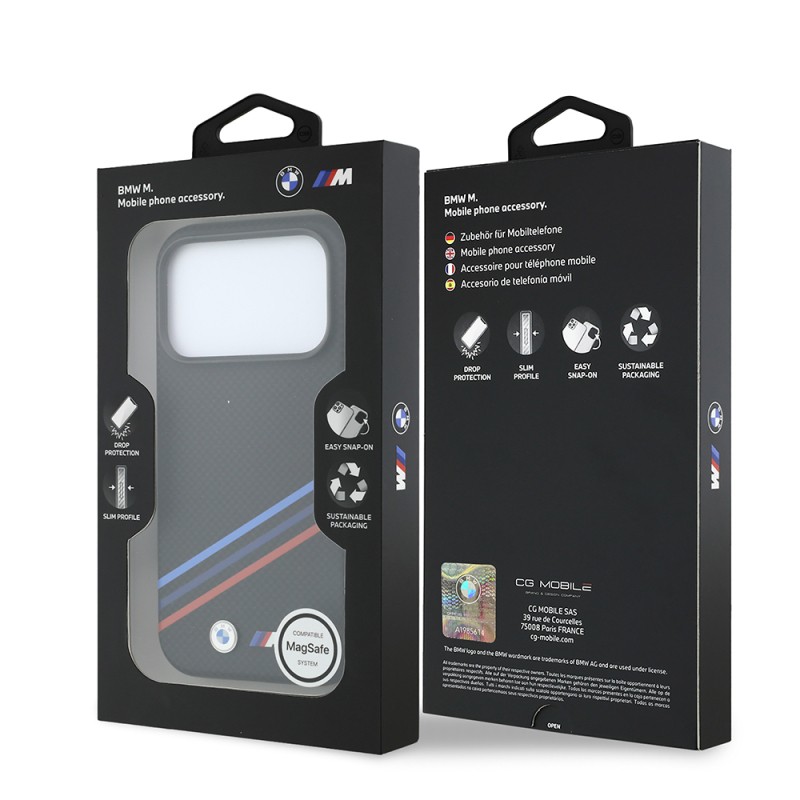 Apple iPhone 18 Pro Max Kılıf BMW Orjinal Lisanslı M-safe Şarj Özellikli Üç Şeritli Metal M Logolu Karbon Fiber Kevlar Kapak - 8