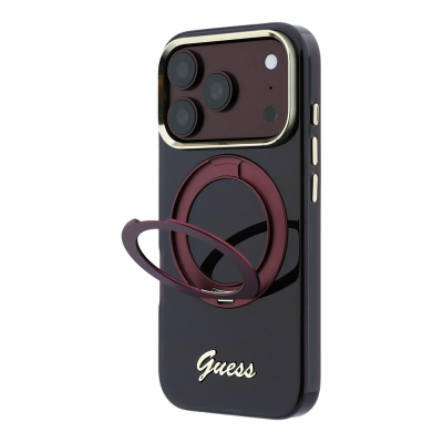 Apple iPhone 18 Pro Max Kılıf Guess Orjinal Lisanslı M-safe Şarj Özellikli 360 Derece Dönebilen Standlı Metal Yazı Logolu Silikon Kapak - 3