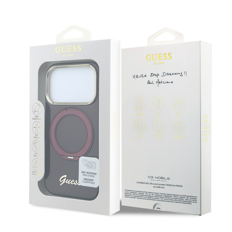 Apple iPhone 18 Pro Max Kılıf Guess Orjinal Lisanslı M-safe Şarj Özellikli 360 Derece Dönebilen Standlı Metal Yazı Logolu Silikon Kapak - 8