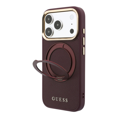 Apple iPhone 18 Pro Max Kılıf Guess Orjinal Lisanslı M-safe Şarj Özellikli 360 Derece Dönebilen Standlı PU Metal Yazı Logolu Kapak - 1