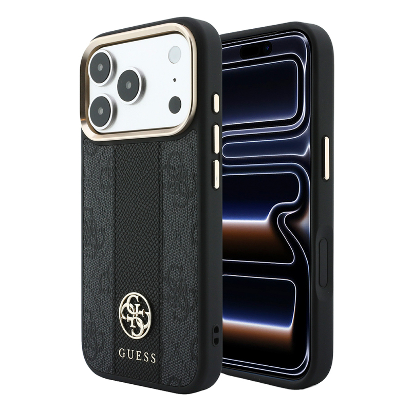Apple iPhone 18 Pro Max Kılıf Guess Orjinal Lisanslı M-safe Şarj Özellikli Deri 4G Desenli Şeritli Yazı Logolu Kapak - 1