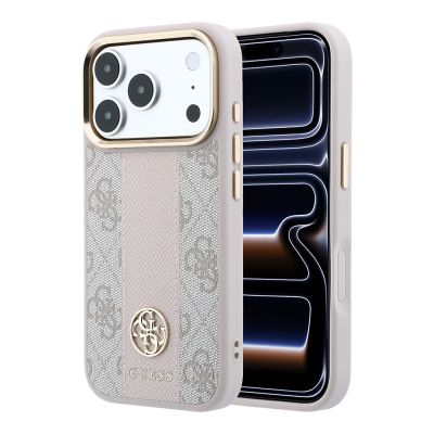 Apple iPhone 18 Pro Max Kılıf Guess Orjinal Lisanslı M-safe Şarj Özellikli Deri 4G Desenli Şeritli Yazı Logolu Kapak - 4