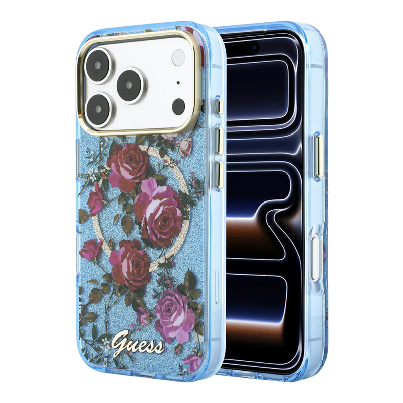 Apple iPhone 18 Pro Max Kılıf Guess Orjinal Lisanslı M-safe Şarj Özellikli Gül Desenli Simli Yazı Logolu Kapak - 2