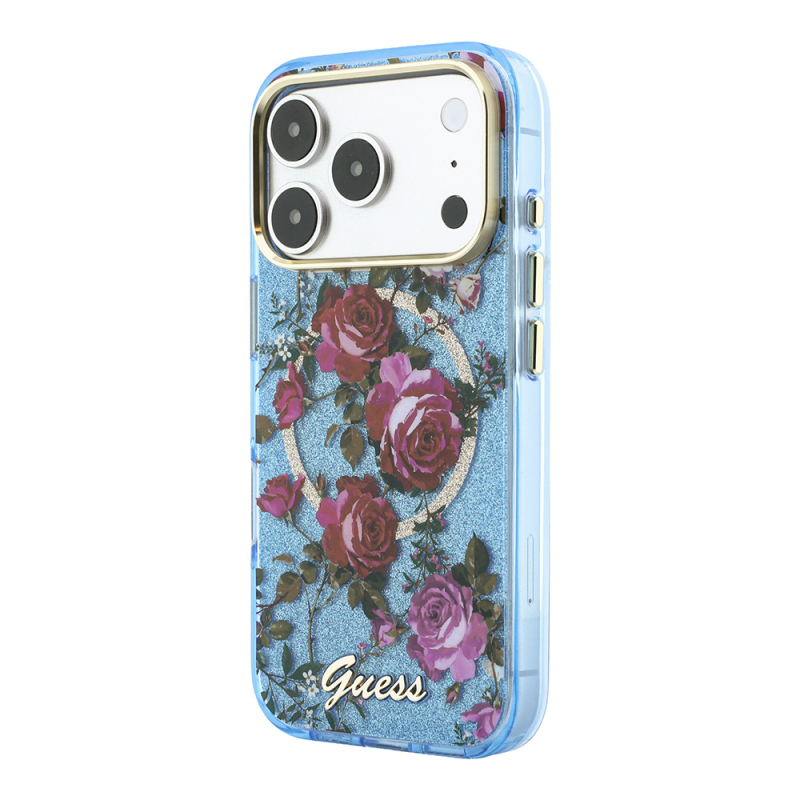 Apple iPhone 18 Pro Max Kılıf Guess Orjinal Lisanslı M-safe Şarj Özellikli Gül Desenli Simli Yazı Logolu Kapak - 3