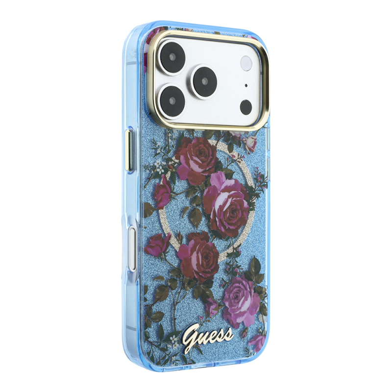 Apple iPhone 18 Pro Max Kılıf Guess Orjinal Lisanslı M-safe Şarj Özellikli Gül Desenli Simli Yazı Logolu Kapak - 5