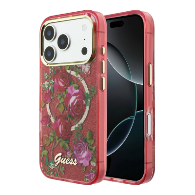 Apple iPhone 18 Pro Max Kılıf Guess Orjinal Lisanslı M-safe Şarj Özellikli Gül Desenli Simli Yazı Logolu Kapak - 1