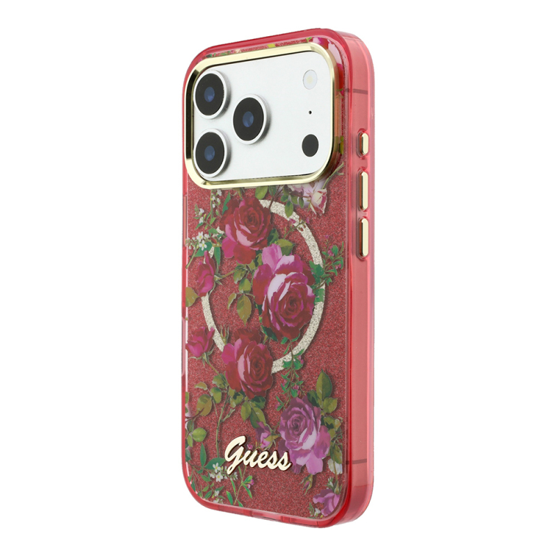 Apple iPhone 18 Pro Max Kılıf Guess Orjinal Lisanslı M-safe Şarj Özellikli Gül Desenli Simli Yazı Logolu Kapak - 10