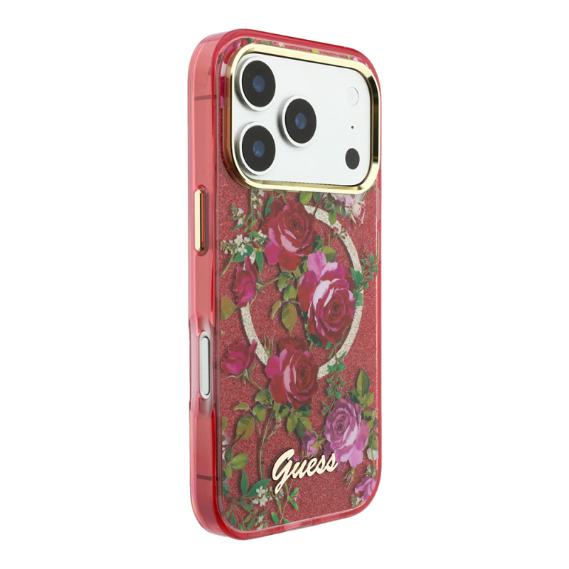 Apple iPhone 18 Pro Max Kılıf Guess Orjinal Lisanslı M-safe Şarj Özellikli Gül Desenli Simli Yazı Logolu Kapak - 12